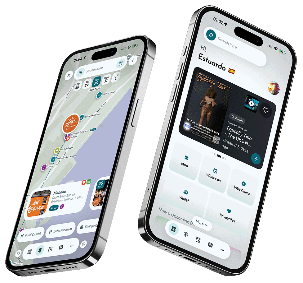The Mapzest app showing the map and home screen on two phones